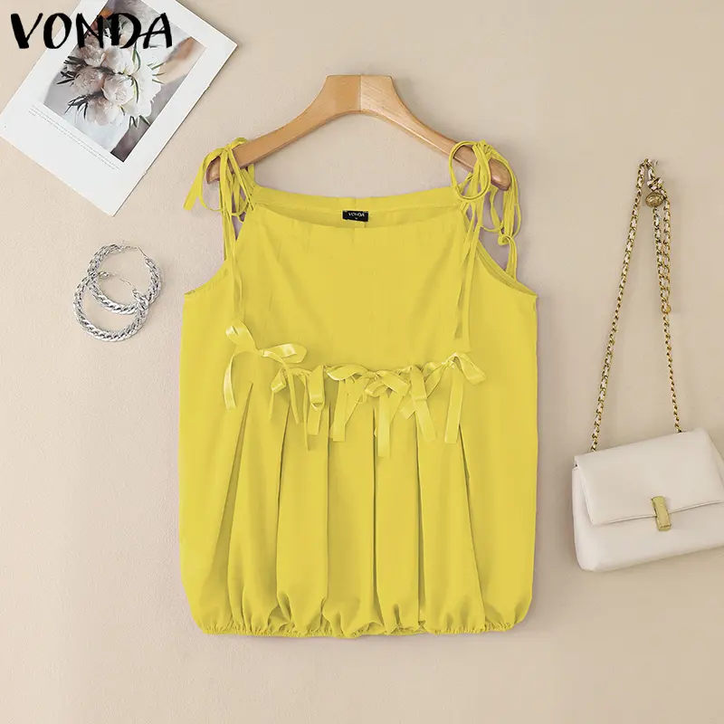 VONDA Women Camis Fashion Straps Bow Ruffled Tops 2025 Summer Tees Casual Loose Solid Color Bandage Elegant Office Blusas Femme