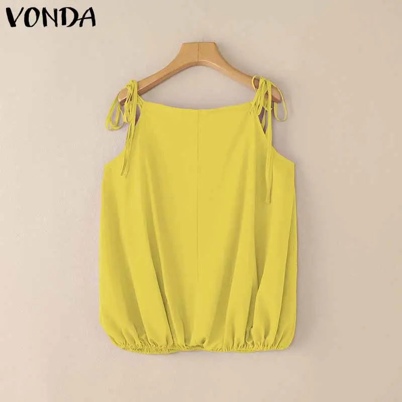 VONDA Women Camis Fashion Straps Bow Ruffled Tops 2025 Summer Tees Casual Loose Solid Color Bandage Elegant Office Blusas Femme