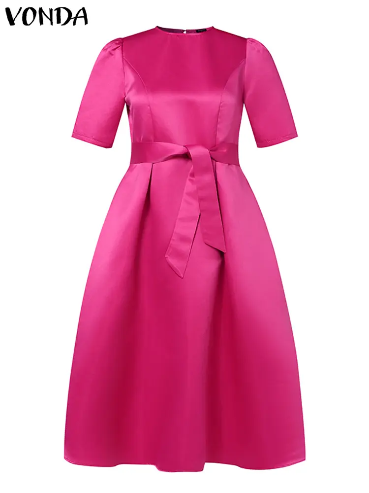 VONDA 2024 Elegant Satin Party Dress Women Summer Long Vestidos Casual Belted Loose Solid Short Sleeve Midi Sundress Oversized