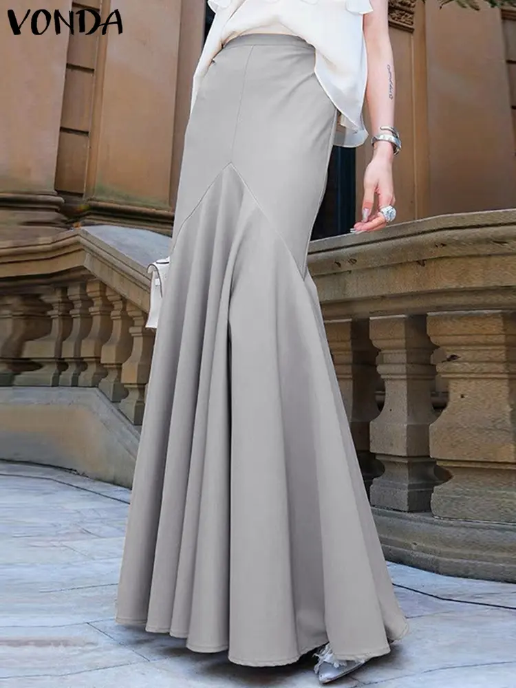 VONDA Elegant Maxi Fishtail Skirt Women Summer High Waist Office Lady Skirts 2025 Fashion Pleated Solid Color Long Skirt Street