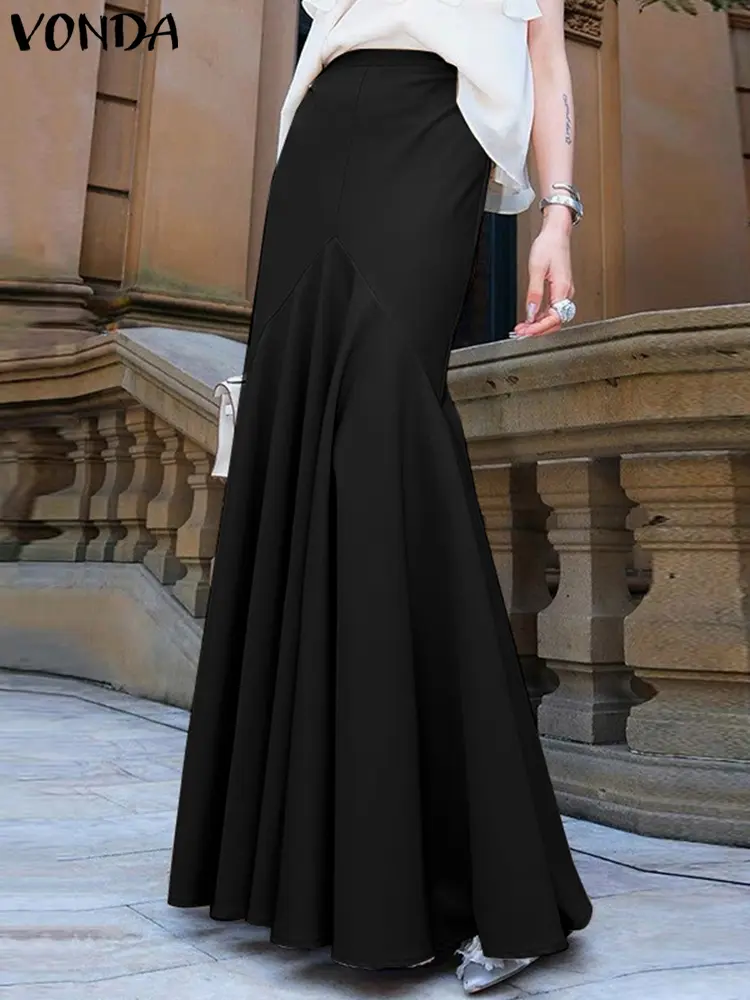 VONDA Elegant Maxi Fishtail Skirt Women Summer High Waist Office Lady Skirts 2025 Fashion Pleated Solid Color Long Skirt Street