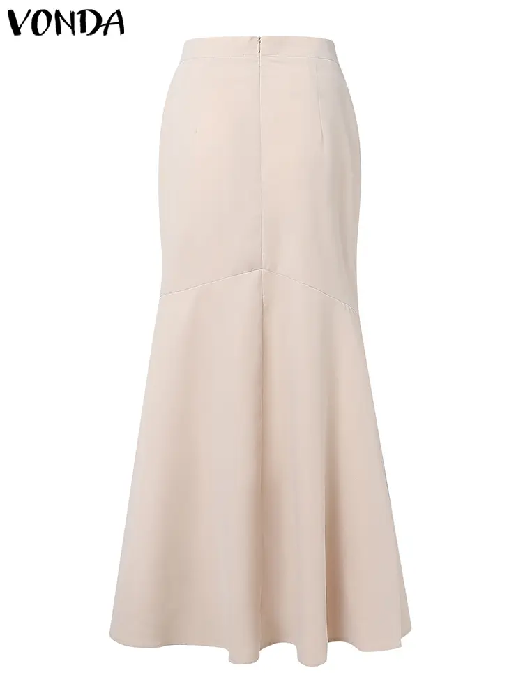 VONDA Elegant Maxi Fishtail Skirt Women Summer High Waist Office Lady Skirts 2025 Fashion Pleated Solid Color Long Skirt Street