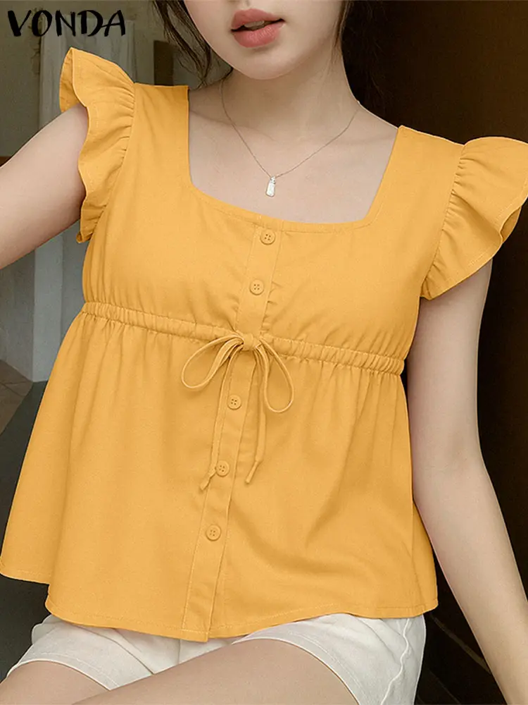 VONDA Women Summer Tank Tops 2025 Casual Lace-Up Tunic Solid Color Ruffled Blusas Fashion Loose Camis Square Neck Oversized Tees