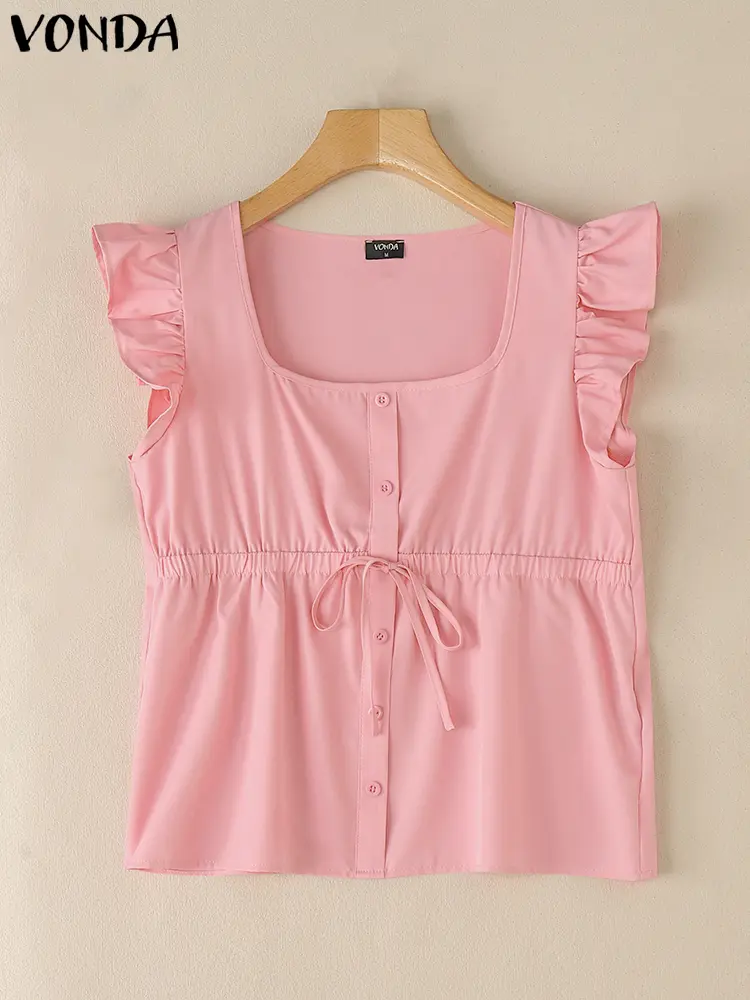 VONDA Women Summer Tank Tops 2025 Casual Lace-Up Tunic Solid Color Ruffled Blusas Fashion Loose Camis Square Neck Oversized Tees