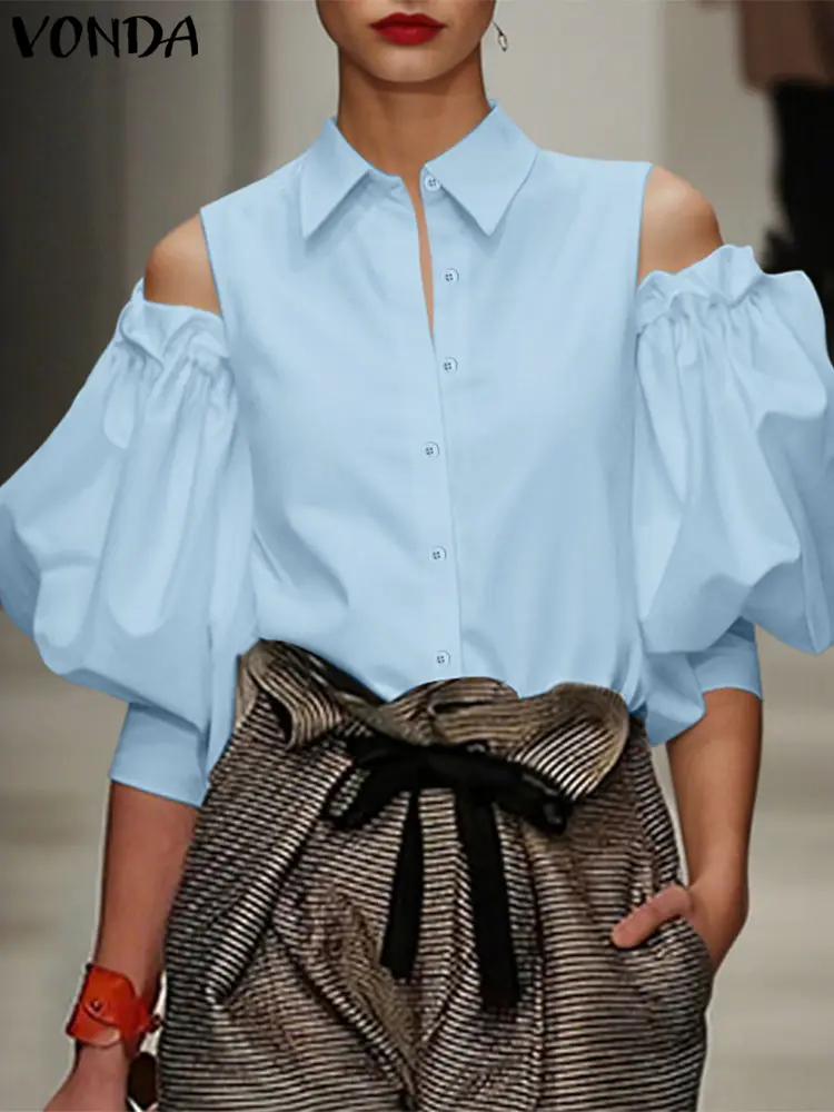 VONDA Fashion Shirts 2025 Summer Women Elegant OL Blouse Casual Solid Color Tunic Top Cold Shoulder Lantern Sleeve Office Blusas
