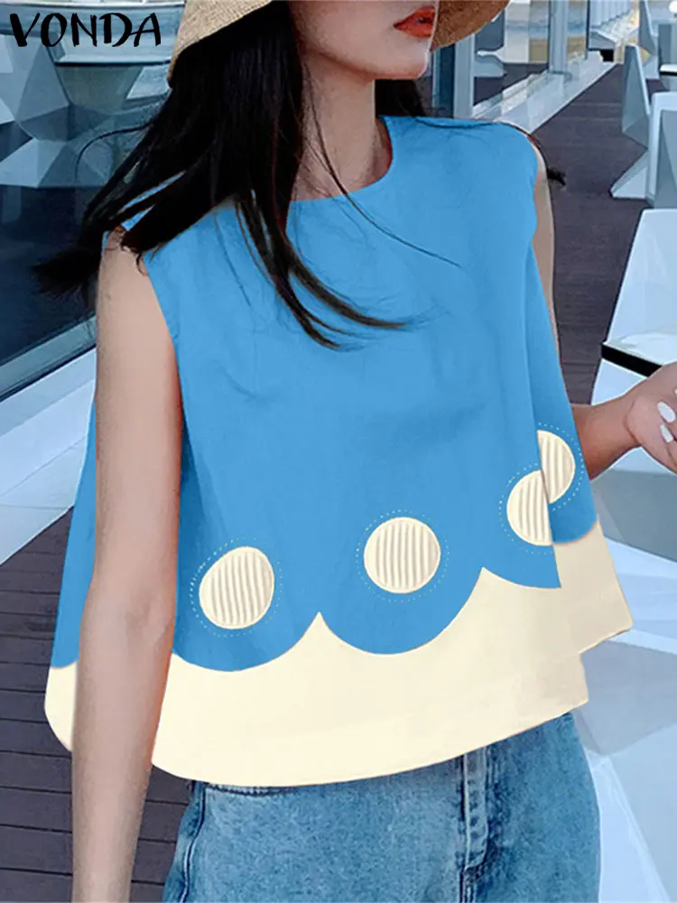 VONDA Fashion Tank Tops 2025 Summer Women Tees Sleeveless Printed Shirts Round Neck Bohemian Top Tunic Casual Loose Korean Tanks