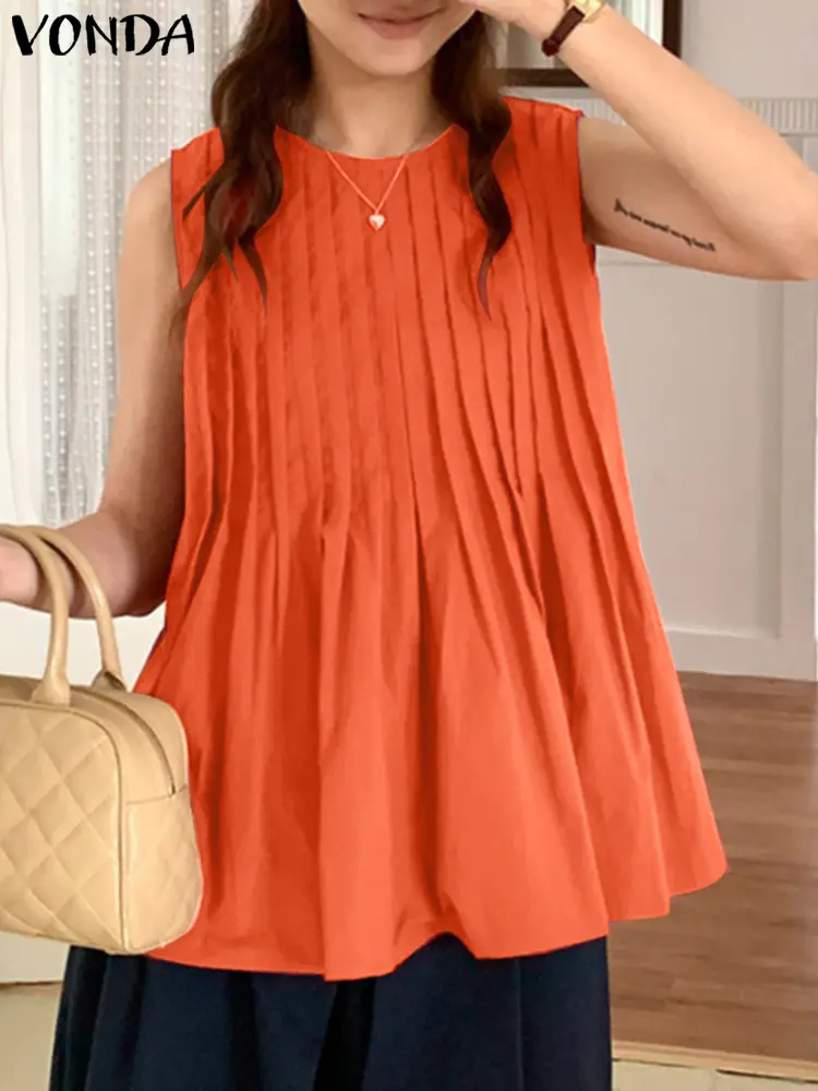 VONDA Women Tank Tops 2025 Summer Sleeveless Tees Elegant Casual Solid Color Tanks O-Neck Fashion Loose Pleated Shirts Oversized
