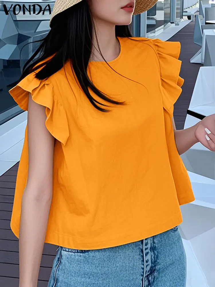 VONDA 2025 Summer Solid Color Tops Women Sleeveless Tank Tops Casual Ruffled Blouses Fashion O Neck Loose Tunic Shirts Tanks Tee