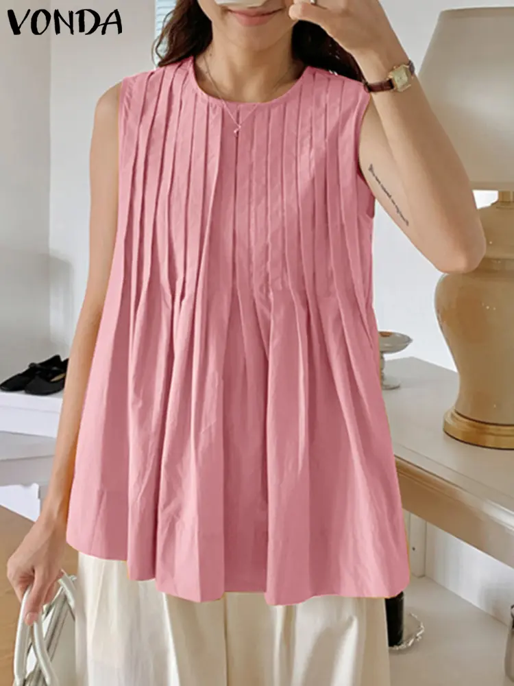 VONDA Women Tank Tops 2025 Summer Sleeveless Tees Elegant Casual Solid Color Tanks O-Neck Fashion Loose Pleated Shirts Oversized