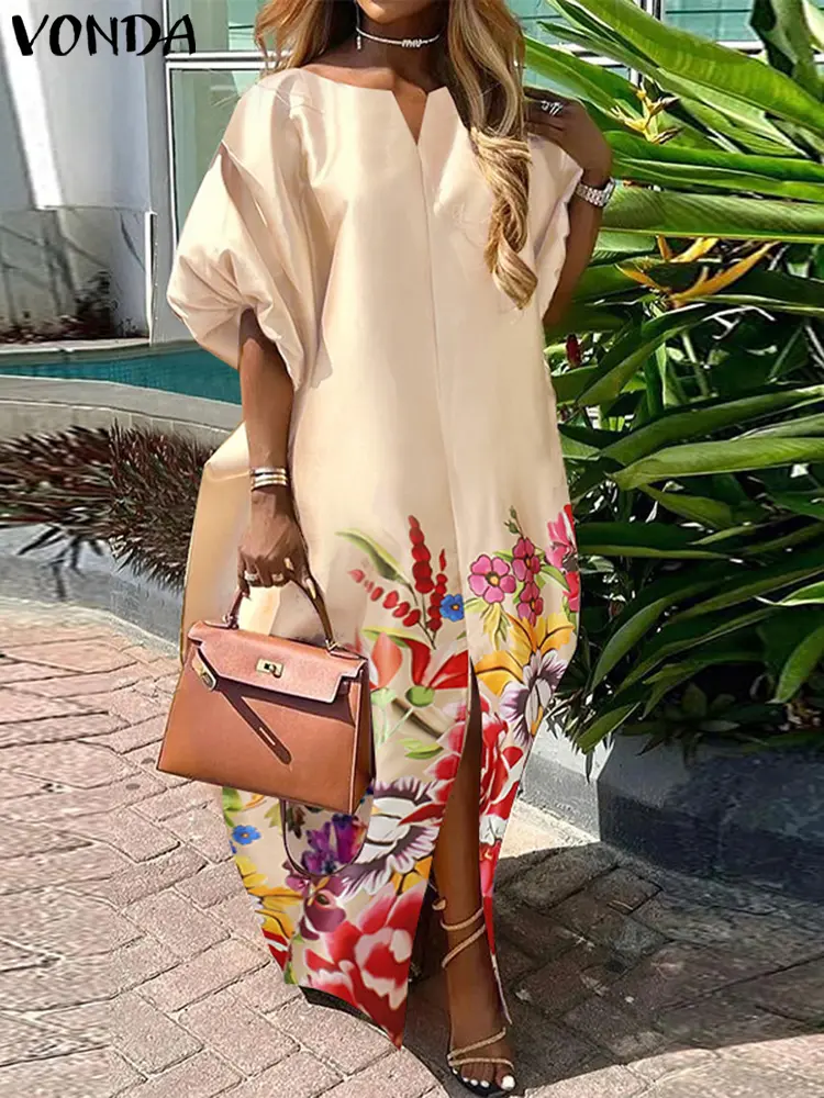 Elegant Satin Silk Dress 2025 Women Summer Bohemian Maxi Long Sundress Half Sleeve V Neck Vestidos Oversized Casual Loose Robe