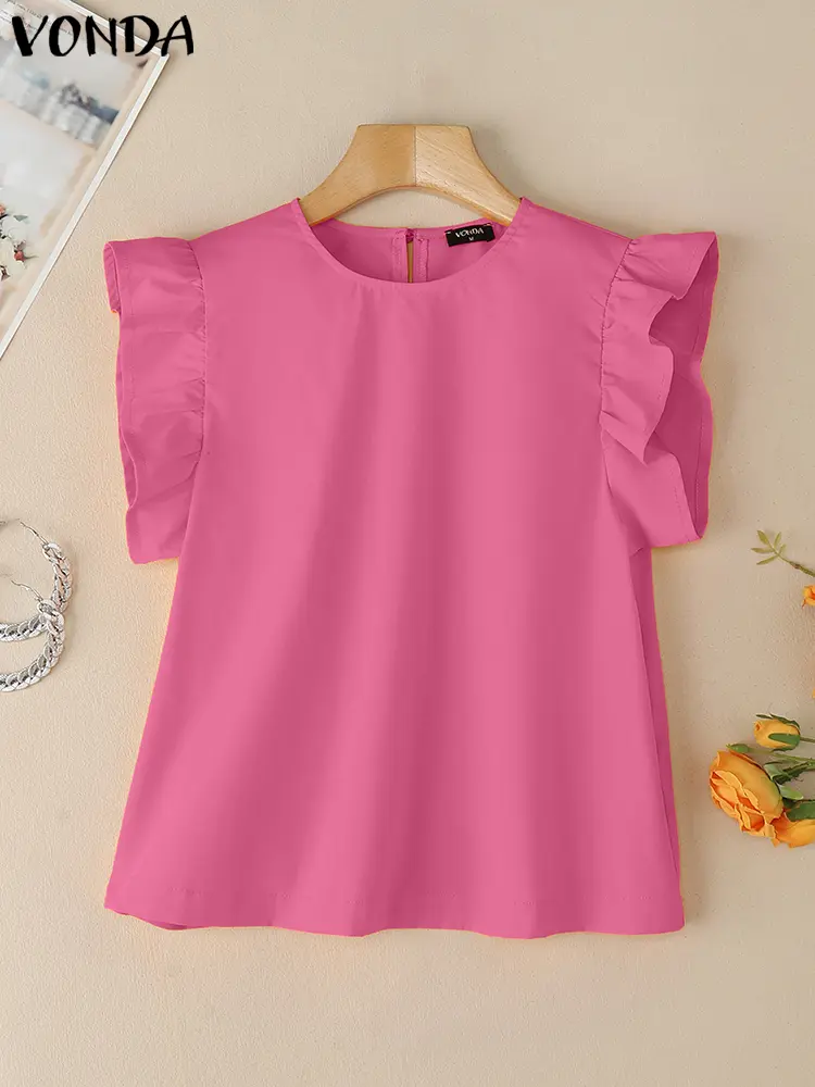 VONDA 2025 Summer Solid Color Tops Women Sleeveless Tank Tops Casual Ruffled Blouses Fashion O Neck Loose Tunic Shirts Tanks Tee