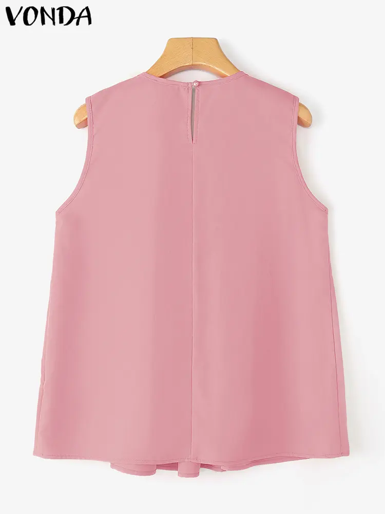 VONDA Women Tank Tops 2025 Summer Sleeveless Tees Elegant Casual Solid Color Tanks O-Neck Fashion Loose Pleated Shirts Oversized
