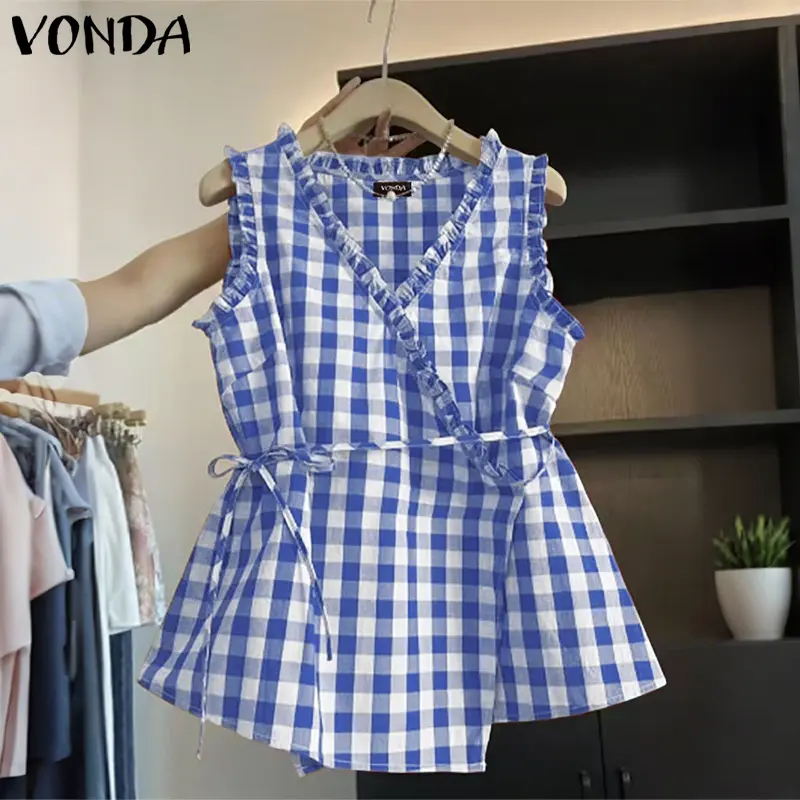 VONDA Fashion Plaid Tank Tops Women Sexy V-Neck Casual Sleeveless Tees 2025 Summer Loose Bandage Elegant Office Lady Shirts Tee