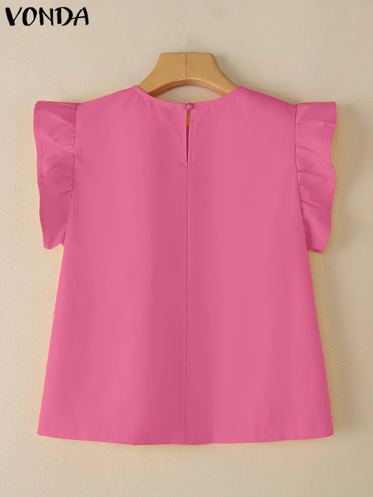 VONDA 2025 Summer Solid Color Tops Women Sleeveless Tank Tops Casual Ruffled Blouses Fashion O Neck Loose Tunic Shirts Tanks Tee