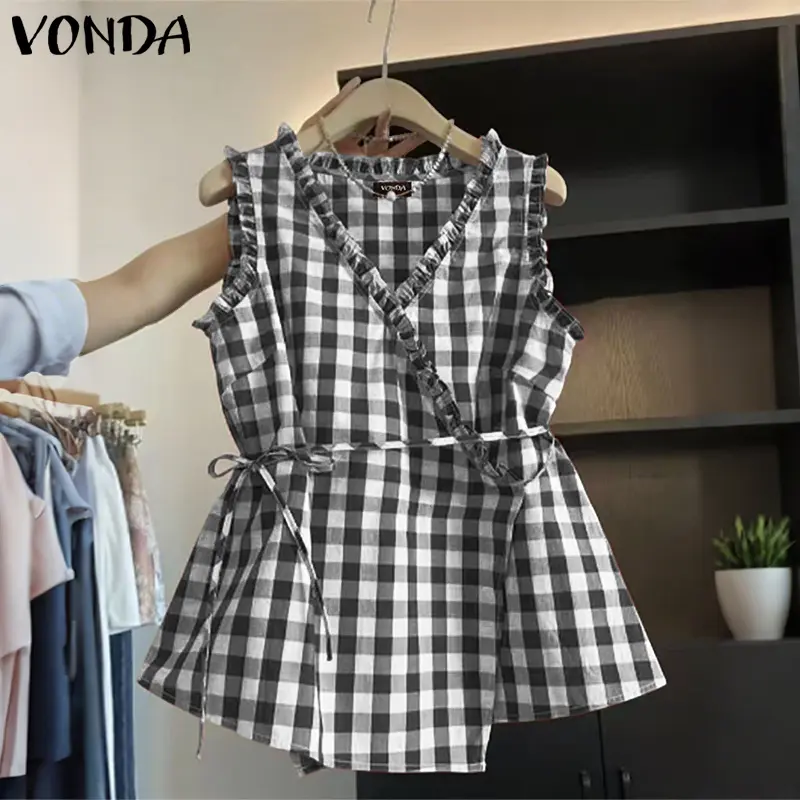 VONDA Fashion Plaid Tank Tops Women Sexy V-Neck Casual Sleeveless Tees 2025 Summer Loose Bandage Elegant Office Lady Shirts Tee