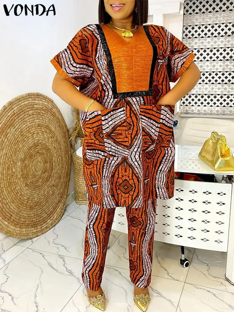 Plus Size 5XL VONDA 2025 Summer Printing Pant Sets Women V-Neck Short Sleeve Loose Trouser Sets Pockets Vintage Suits Oversized