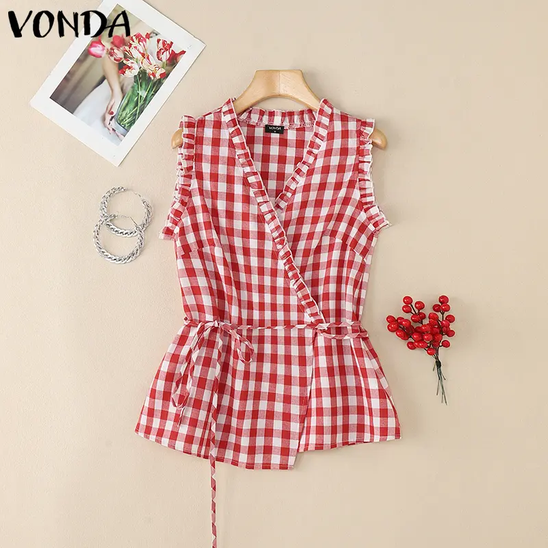 VONDA Fashion Plaid Tank Tops Women Sexy V-Neck Casual Sleeveless Tees 2025 Summer Loose Bandage Elegant Office Lady Shirts Tee