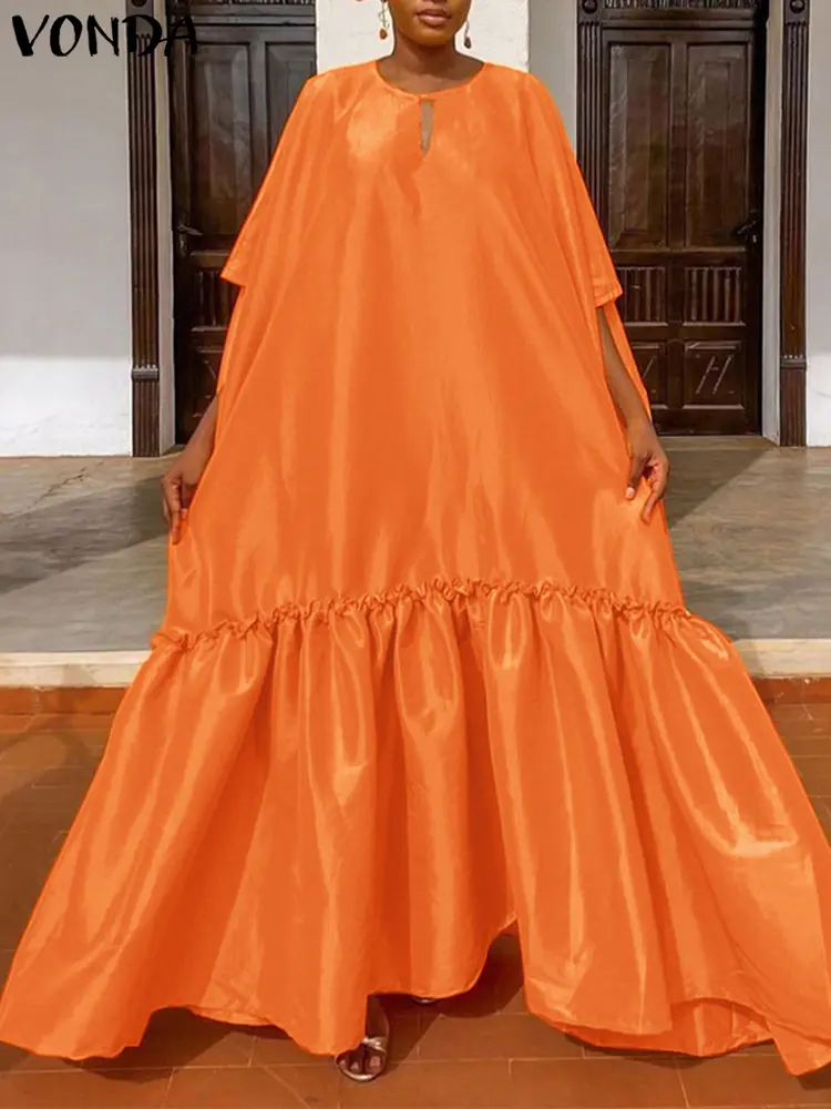 VONDA Oversized Long Dress Women Half Sleeve Satin Maxi Sundress 2025 Summer Ruffled Elegant Solid Casual Hollow Party Vestidos