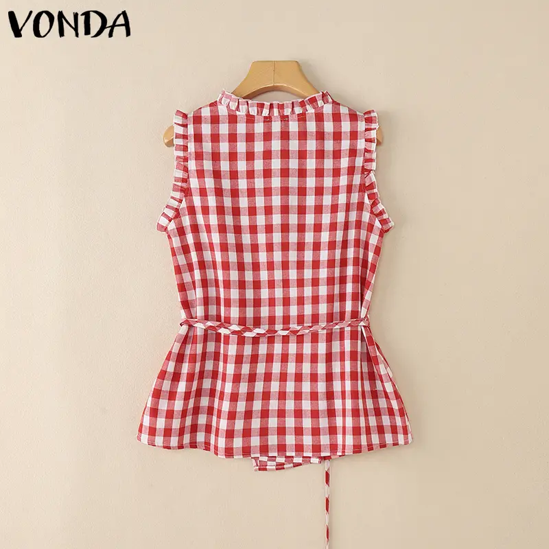 VONDA Fashion Plaid Tank Tops Women Sexy V-Neck Casual Sleeveless Tees 2025 Summer Loose Bandage Elegant Office Lady Shirts Tee
