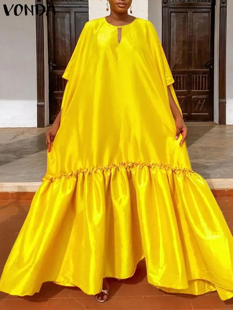 VONDA Oversized Long Dress Women Half Sleeve Satin Maxi Sundress 2025 Summer Ruffled Elegant Solid Casual Hollow Party Vestidos