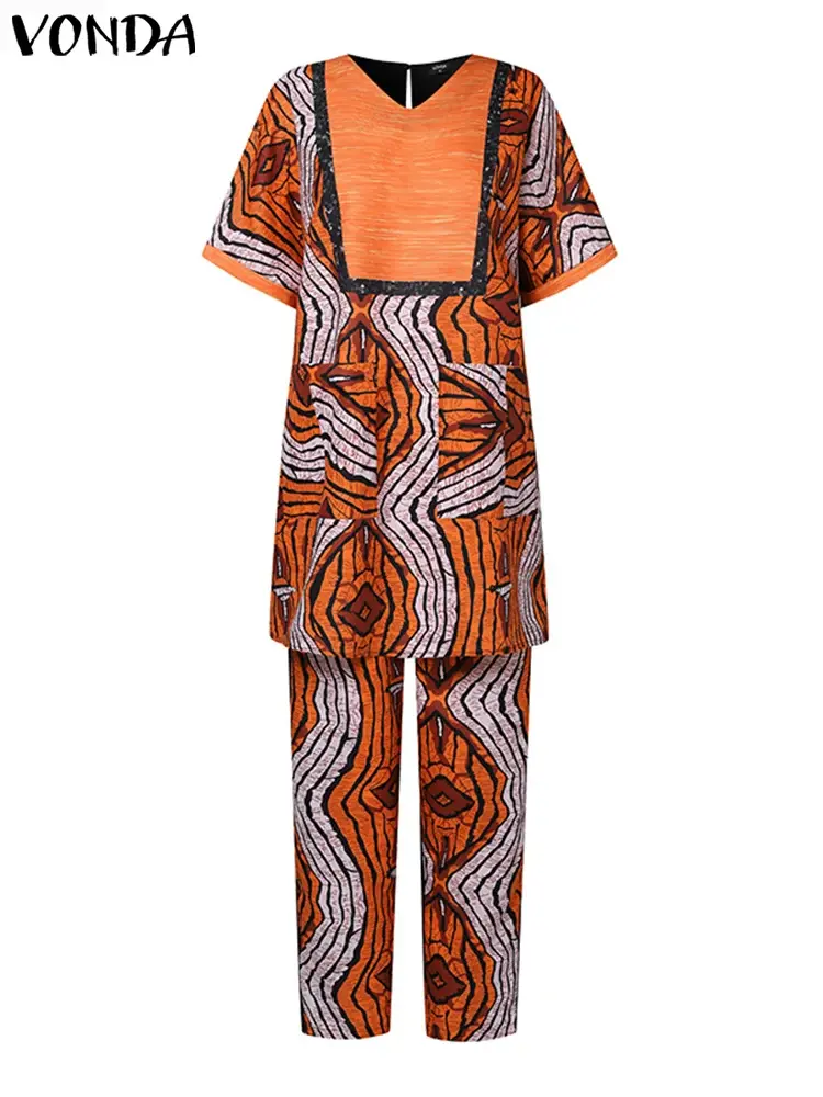 Plus Size 5XL VONDA 2025 Summer Printing Pant Sets Women V-Neck Short Sleeve Loose Trouser Sets Pockets Vintage Suits Oversized