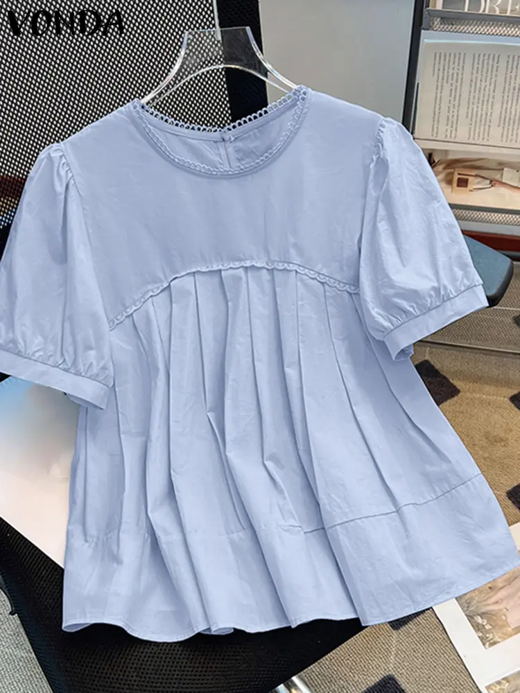 VONDA 2025 Summer Solid Color Tops Women Blouses O Neck Blusas Casual OL Work Tunic Short Sleeve Vintage Pleated Pullover