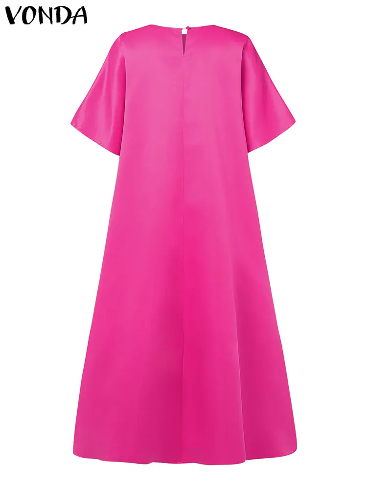 VONDA Oversized Long Dress Women Half Sleeve Satin Maxi Sundress 2025 Summer Ruffled Elegant Solid Casual Hollow Party Vestidos