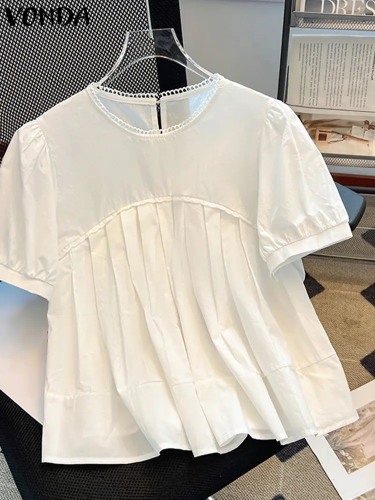 VONDA 2025 Summer Solid Color Tops Women Blouses O Neck Blusas Casual OL Work Tunic Short Sleeve Vintage Pleated Pullover