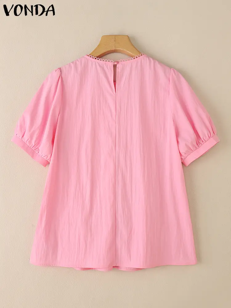 VONDA 2025 Summer Solid Color Tops Women Blouses O Neck Blusas Casual OL Work Tunic Short Sleeve Vintage Pleated Pullover