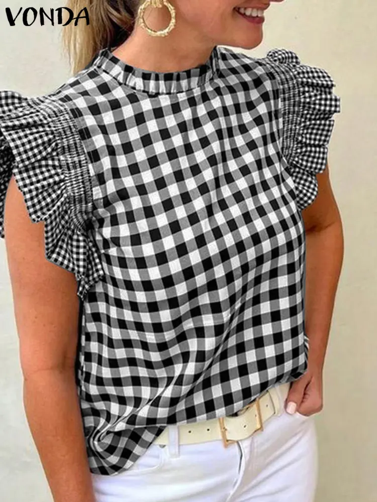 VONDA Plus Size 5XL Women Fashion Tops 2025 Summer Short Sleeve Plaid Blouse Vintage Ruffled Casual Shirts Loose Elegant Blusas