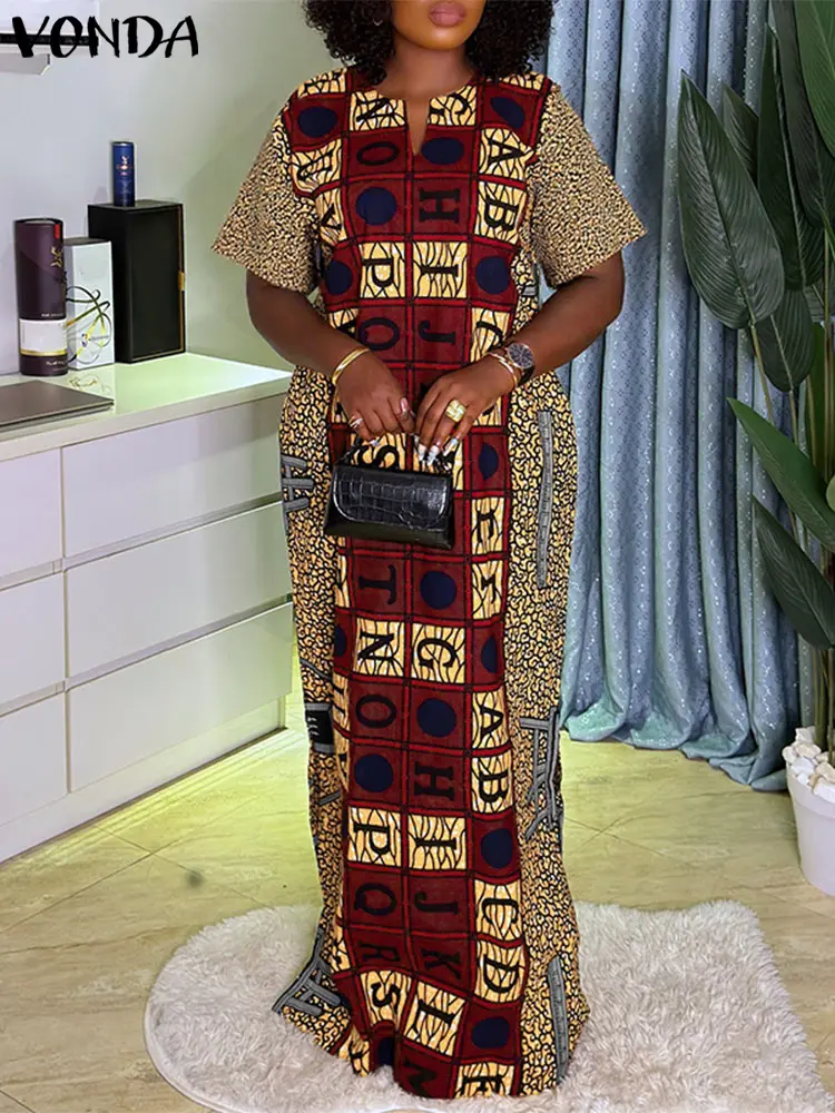 Plus Size VONDA Women Bohemian Print Maxi Dress 2025 Summer Sundress Vintage Short Sleeve V Neck Long Vestidos Casual Loose Robe