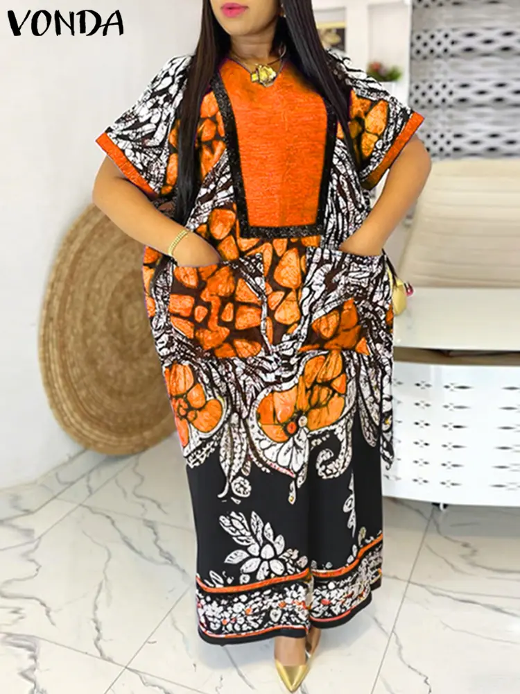 VONDA Plus Size Bohemian Printed Dress Women Summer Vintage Maxi Vestidos 2025 Short Sleeve V Neck Party Casual Loose Long Robe