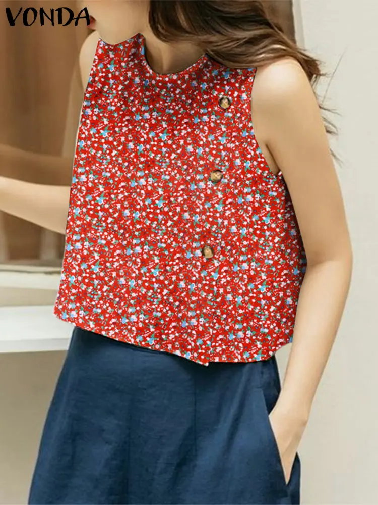 VONDA Women Bohemian Summer Tank Tops Sleeveless Tanks Beach Tees 2025 Casual O Neck Loose Tops Buttons Blouses Printing Camis