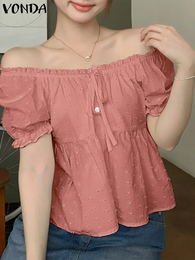 VONDA Women Sexy Off Shoulder Shirts Summer Lace Tops 2025 Fashion Short Puff Sleeve Tunics Lace-Up Buttons Solid Ruffled Tops