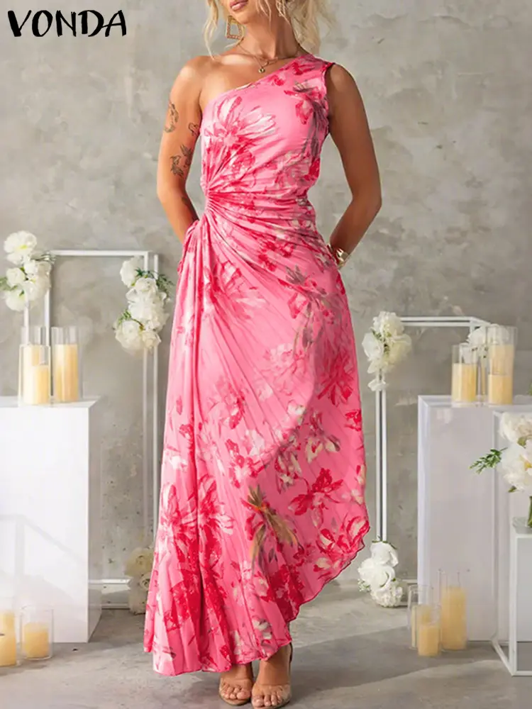 VONDA Plus Size Women Sexy Long Dress Summer Off Shoulder Maxi Sundress Sleeveless Pleated Bohemian Floral Print Beach Vestido