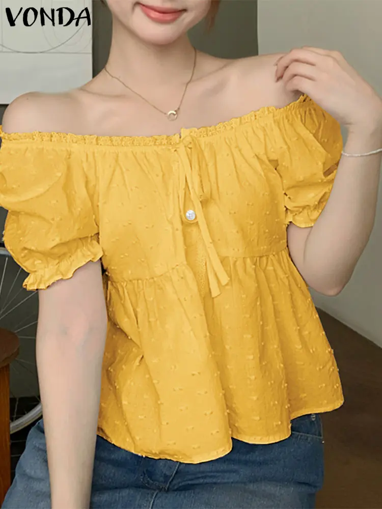 VONDA Women Sexy Off Shoulder Shirts Summer Lace Tops 2025 Fashion Short Puff Sleeve Tunics Lace-Up Buttons Solid Ruffled Tops