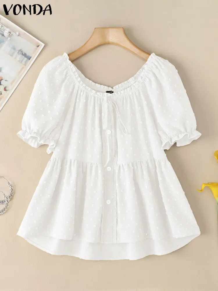 VONDA Women Sexy Off Shoulder Shirts Summer Lace Tops 2025 Fashion Short Puff Sleeve Tunics Lace-Up Buttons Solid Ruffled Tops