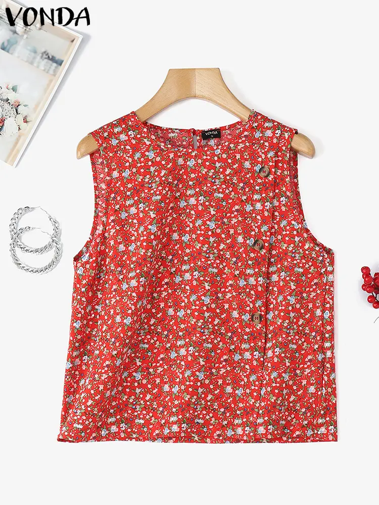 VONDA Women Bohemian Summer Tank Tops Sleeveless Tanks Beach Tees 2025 Casual O Neck Loose Tops Buttons Blouses Printing Camis