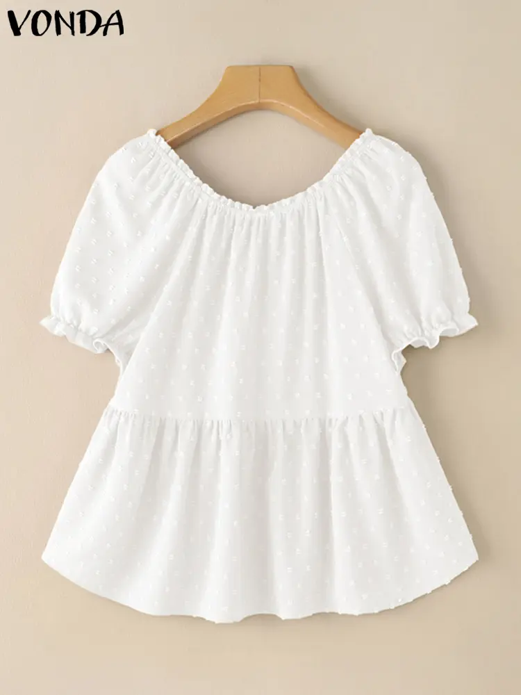 VONDA Women Sexy Off Shoulder Shirts Summer Lace Tops 2025 Fashion Short Puff Sleeve Tunics Lace-Up Buttons Solid Ruffled Tops