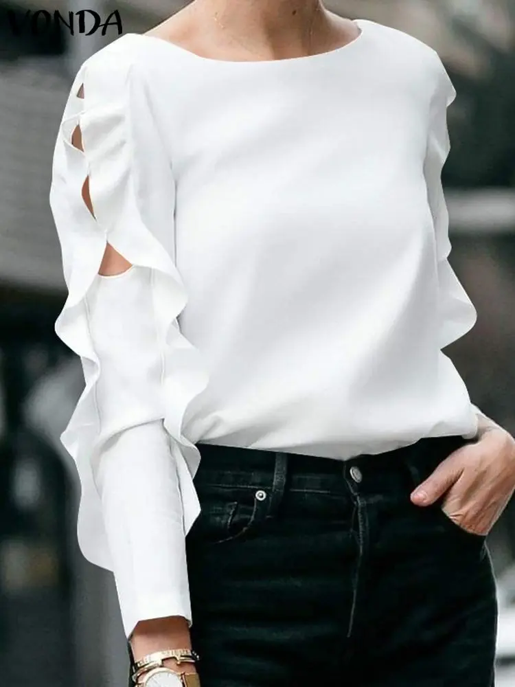 2024 VONDA Women Elegant Solid Color Blouse Shirts Fashion Tops Autumn Ruffled Long Sleeve Hollow Out Casual Loose Blusas Femme