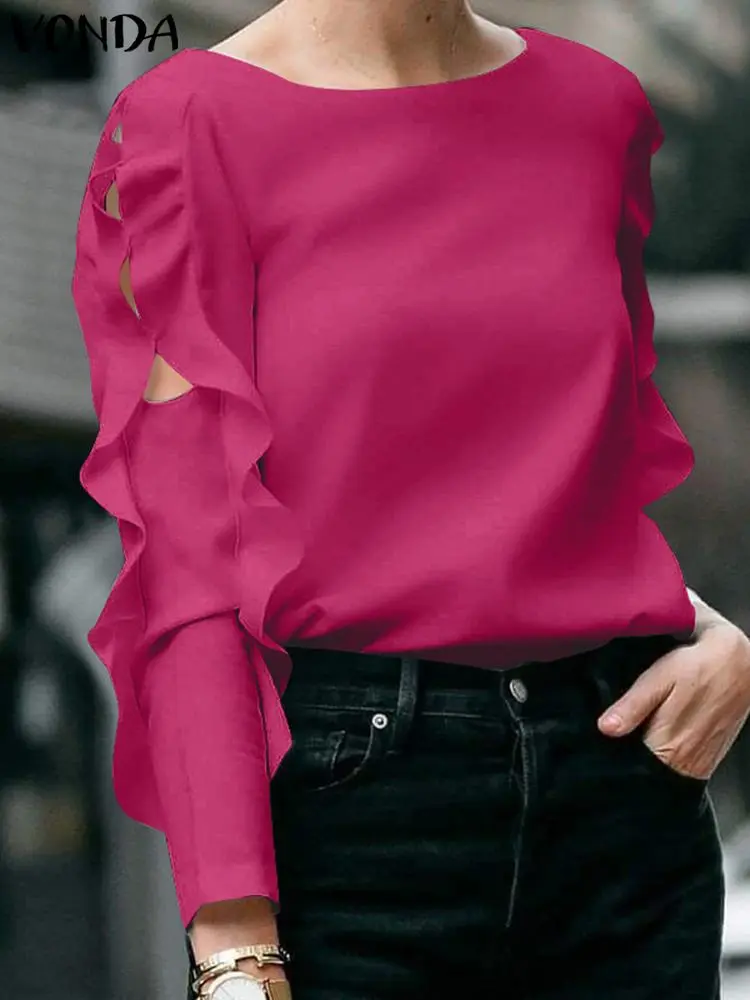 2024 VONDA Women Elegant Solid Color Blouse Shirts Fashion Tops Autumn Ruffled Long Sleeve Hollow Out Casual Loose Blusas Femme