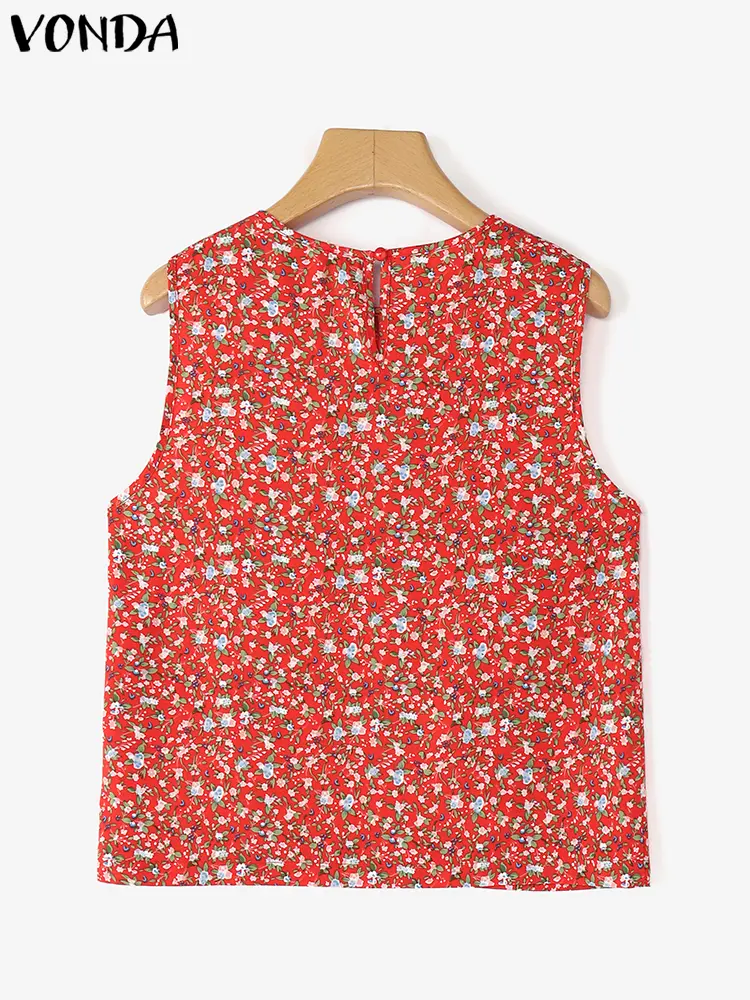VONDA Women Bohemian Summer Tank Tops Sleeveless Tanks Beach Tees 2025 Casual O Neck Loose Tops Buttons Blouses Printing Camis