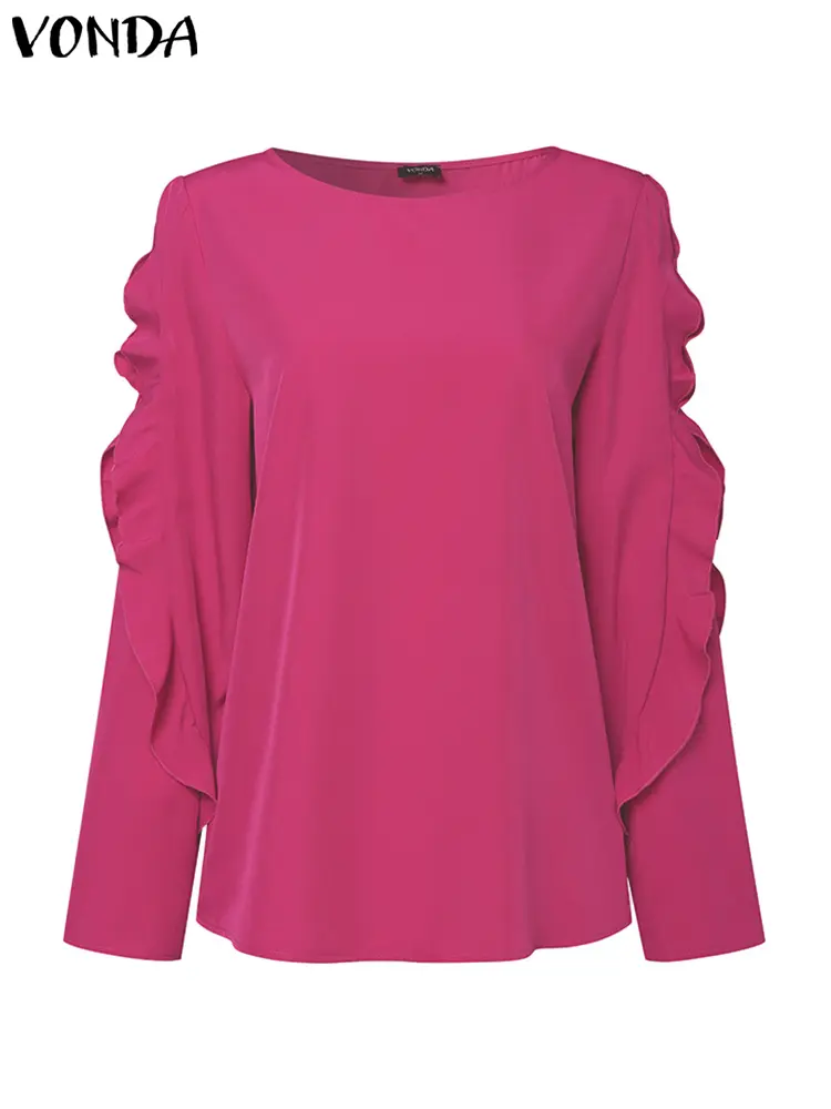 2024 VONDA Women Elegant Solid Color Blouse Shirts Fashion Tops Autumn Ruffled Long Sleeve Hollow Out Casual Loose Blusas Femme