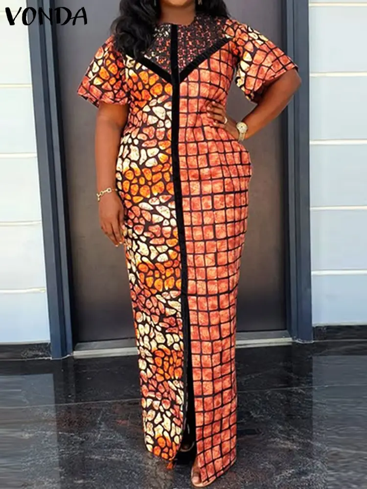 Plus Size 5XL VONDA 2025 Summer Bohemian Printed Long Dress Women Short Sleeve Maxi Sundress Casual Patchwork Beach Vestidos