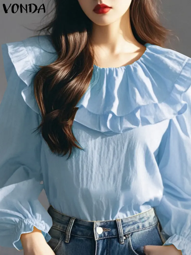 VONDA Women Blouses 2024 Casual Lantern Long Sleeve Ruffled Tops Elegant Round Neck Blusas Sweety Solid Color Tops Loose Tunic