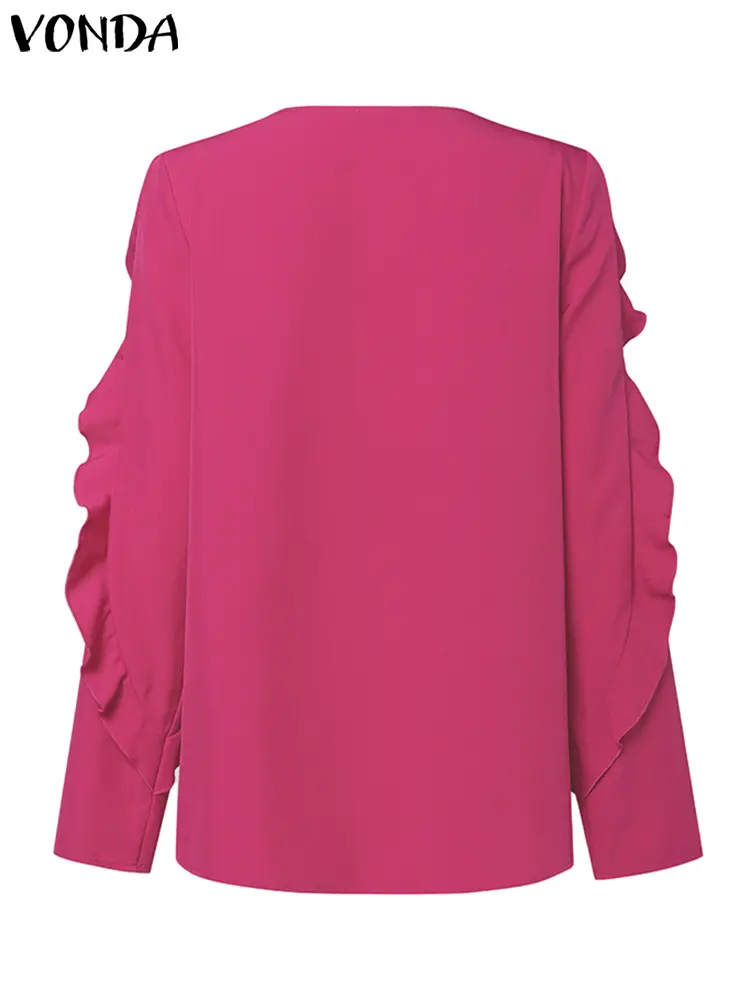 2024 VONDA Women Elegant Solid Color Blouse Shirts Fashion Tops Autumn Ruffled Long Sleeve Hollow Out Casual Loose Blusas Femme