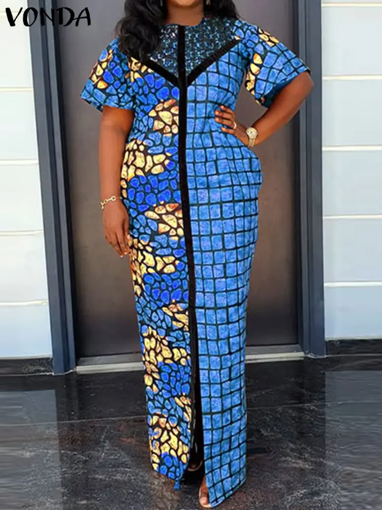 Plus Size 5XL VONDA 2025 Summer Bohemian Printed Long Dress Women Short Sleeve Maxi Sundress Casual Patchwork Beach Vestidos