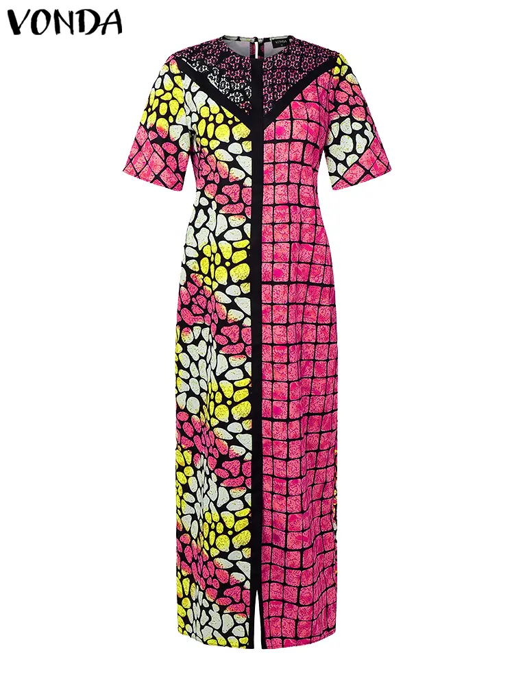 Plus Size 5XL VONDA 2025 Summer Bohemian Printed Long Dress Women Short Sleeve Maxi Sundress Casual Patchwork Beach Vestidos