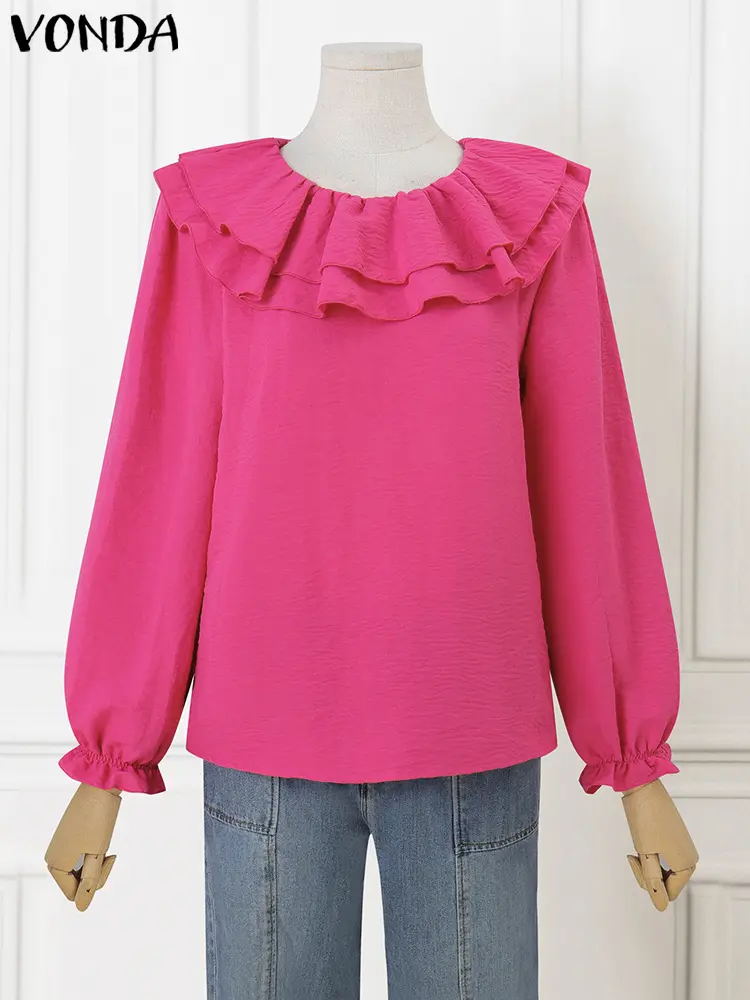 VONDA Women Blouses 2024 Casual Lantern Long Sleeve Ruffled Tops Elegant Round Neck Blusas Sweety Solid Color Tops Loose Tunic