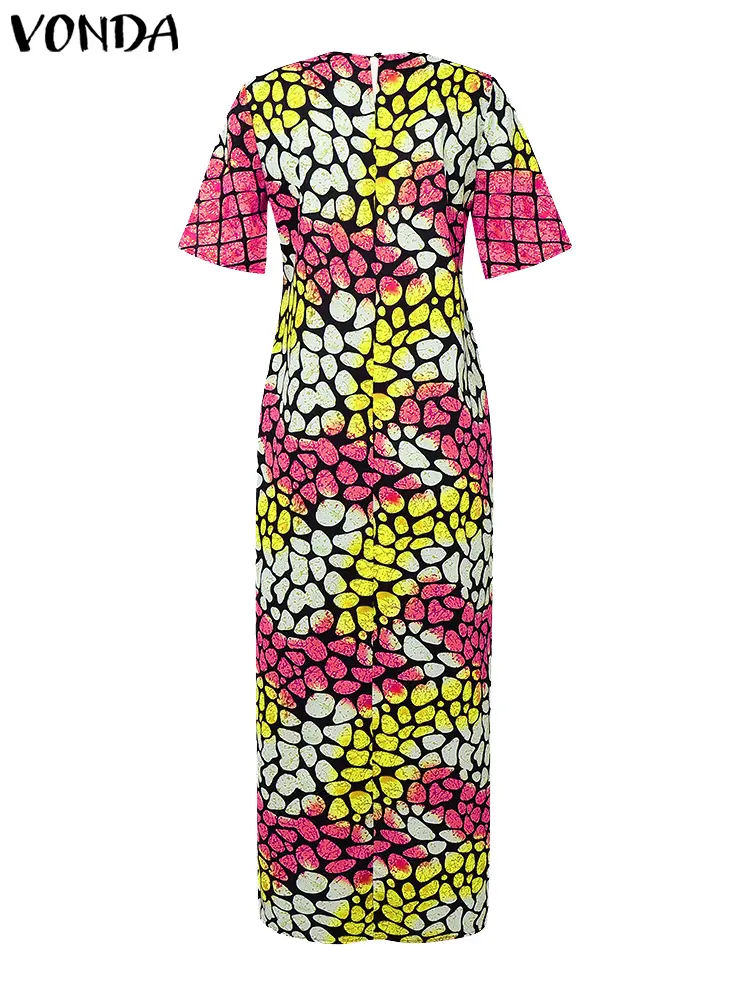 Plus Size 5XL VONDA 2025 Summer Bohemian Printed Long Dress Women Short Sleeve Maxi Sundress Casual Patchwork Beach Vestidos